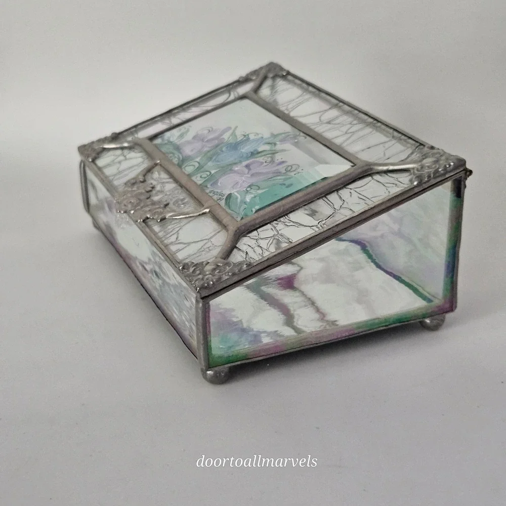 VTG Hand Painted Iridescent Glass Case Jewelry Box Signed Ingles '94 Art Nouveau